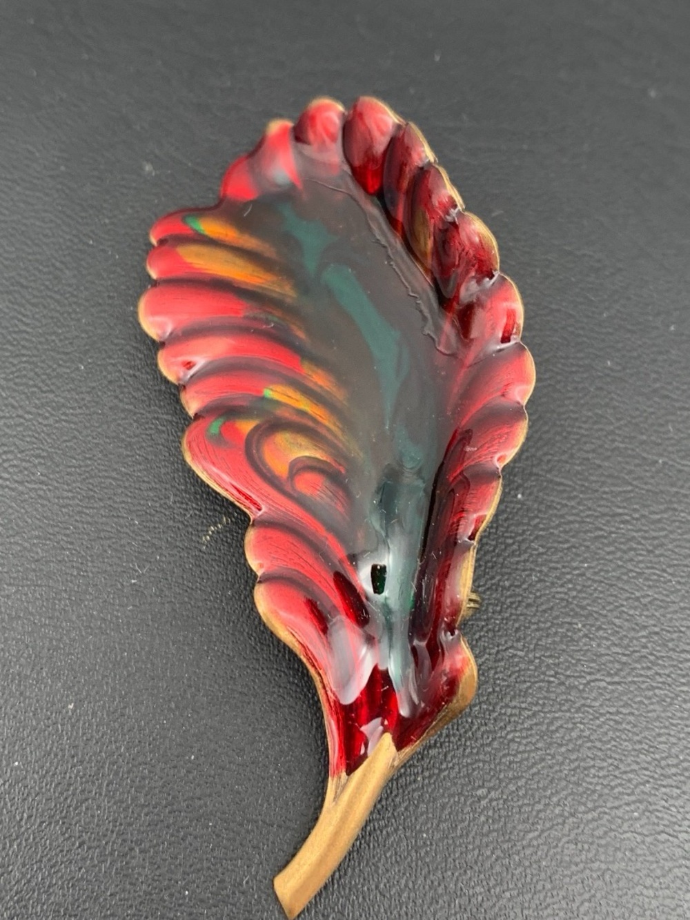 Vintage Statement Metal and enamel Red Multicolor Leaf Brooch beautiful
